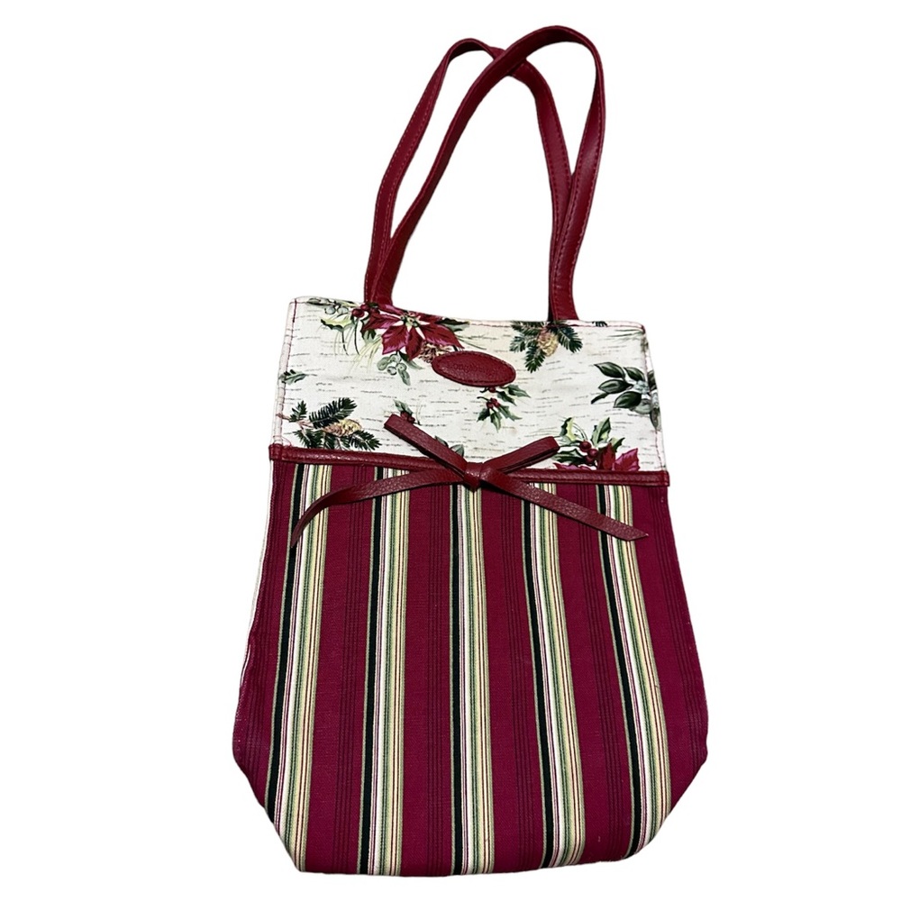 Longaberger Holiday Stripe Tote Bag Poinsettia Winter Print